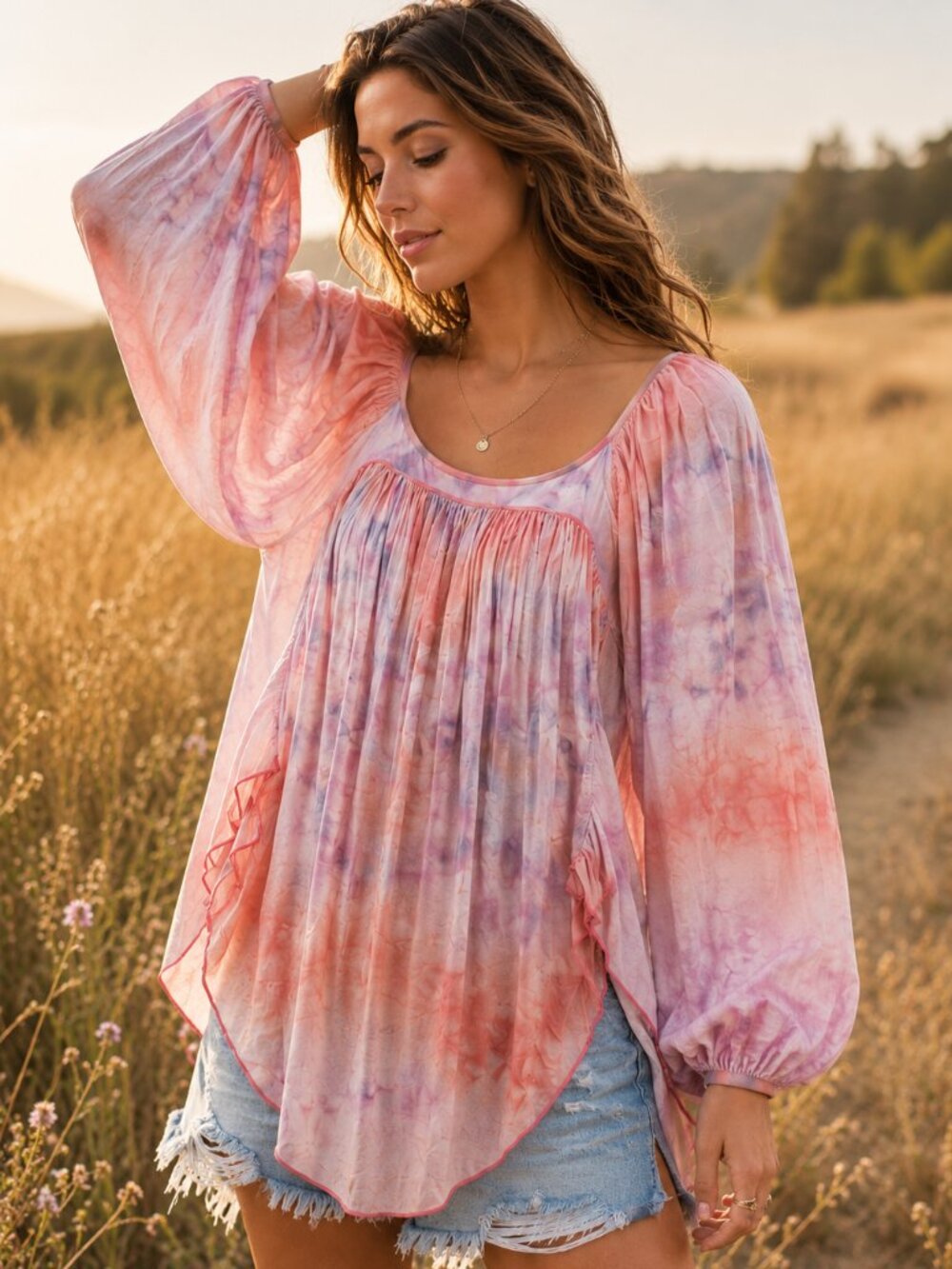 Free People Mystic Tie Dye Tunic Top Pink Lavender Watercolor in Medium